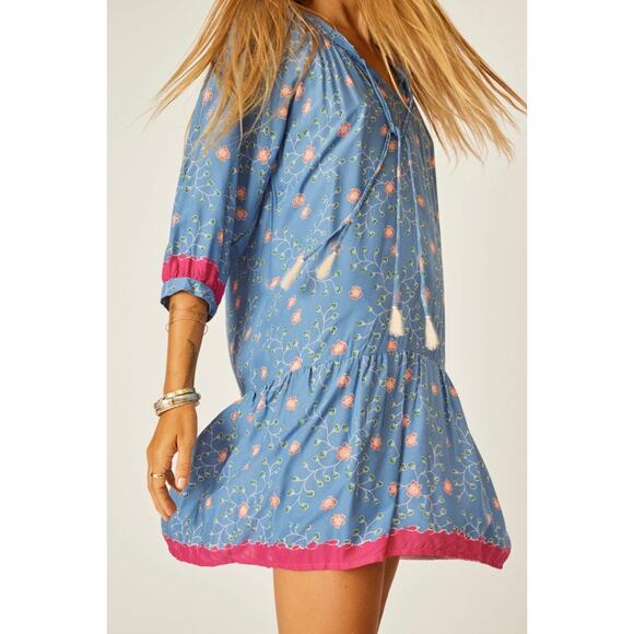 New Natalie Martin Stevie Dress Short Mini Boho Pinwheel Denim Blue Flowers XS - Picture 4 of 15